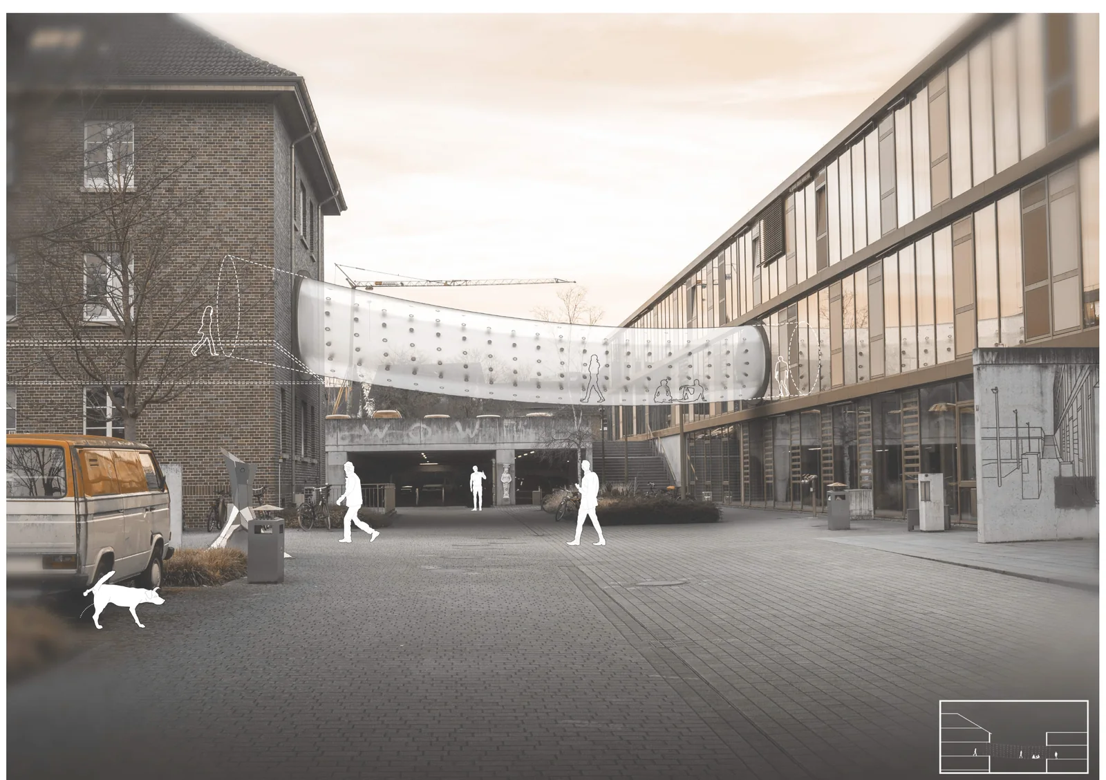 Inflatable pneumatic pavilion spanning a courtyard between campus buildings