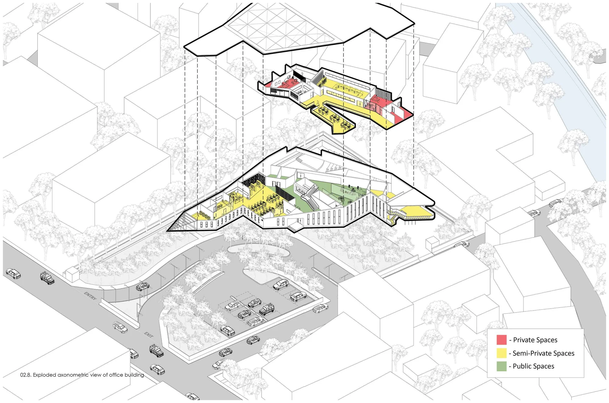 Exploded axonometric of the office building: the roof lifted off above two floor plates, colour-coded red for private, yellow for semi-private and green for public spaces