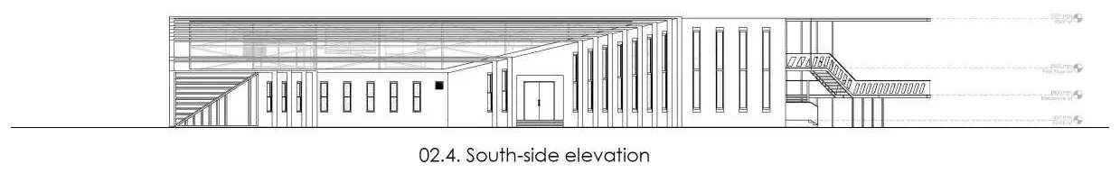 South-side elevation: a long low building with a continuous run of close-spaced vertical louvres