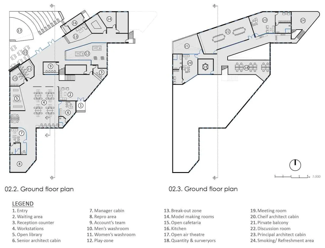 Two triangular ground floor plans side by side with a numbered legend of twenty-four rooms, from entry and reception to the chief architect's cabin