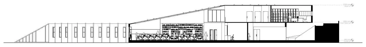Long section BB through the office showing the floor plates, the sloped roof and the double-height space