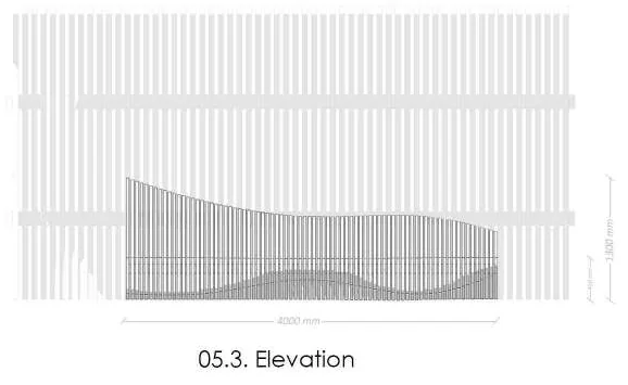 Elevation of the shelter: a run of vertical fins whose tops sweep down from left to right, dimensioned along the bottom
