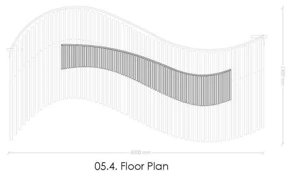 Floor plan of the shelter: the fins set out along a shallow S-curve across the footpath