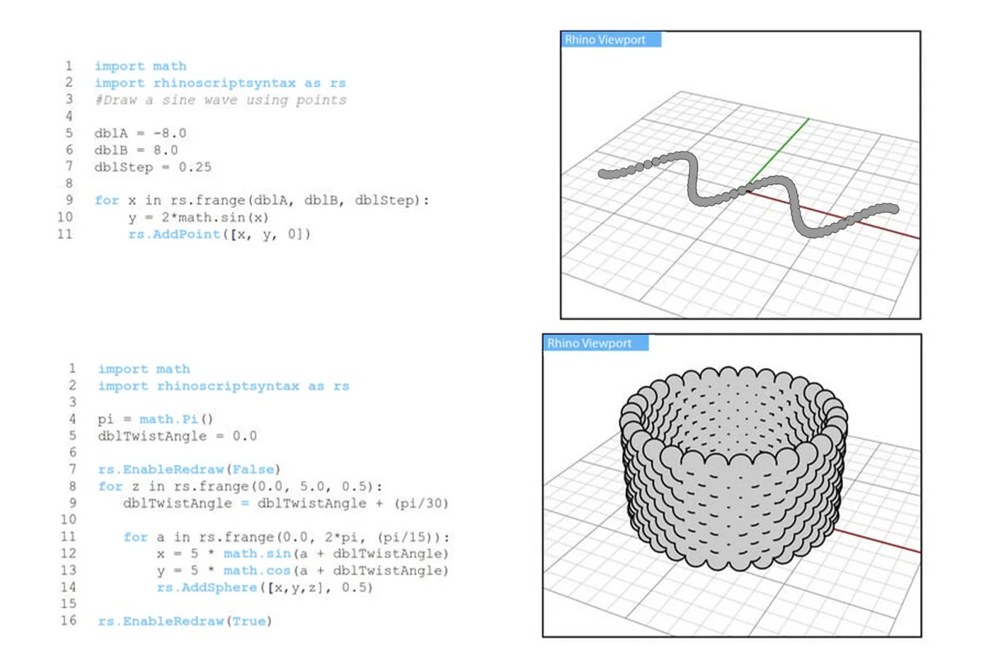 Two rhinoscriptsyntax code samples beside the Rhino viewports they generate: a sine-wave point curve and a twisted cylinder of spheres