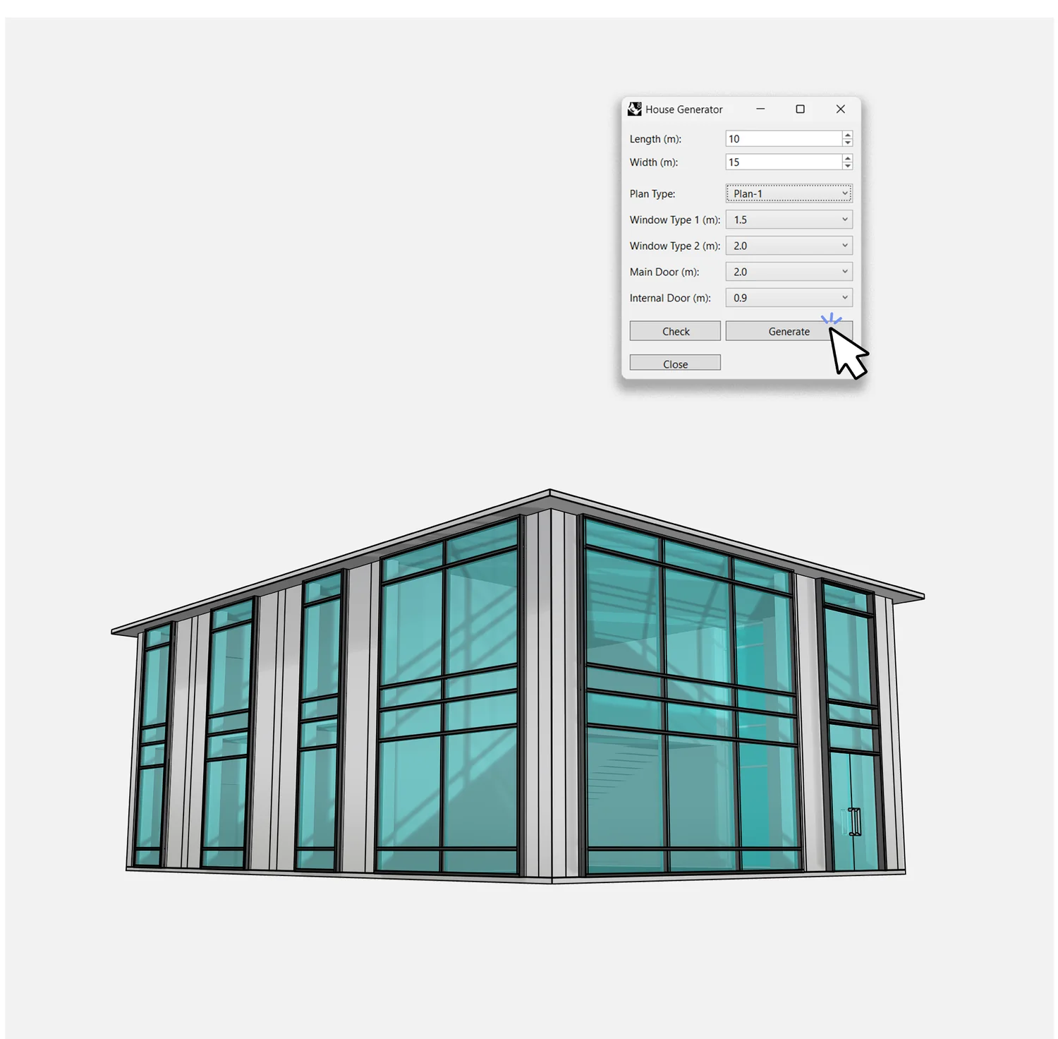 Generated glass house model beside the House Generator dialog
