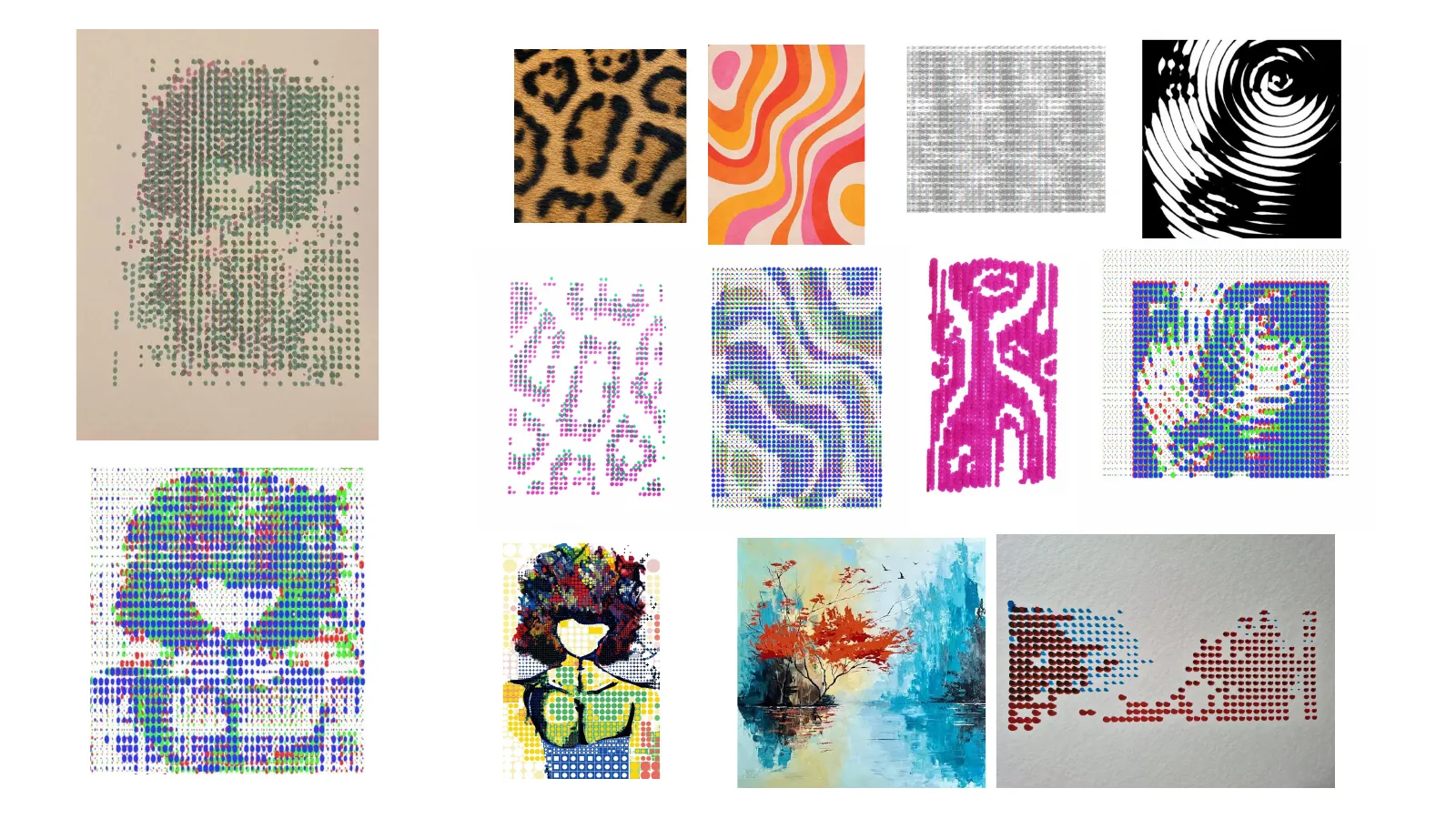 Grid of painted results in different colours and patterns on paper sheets