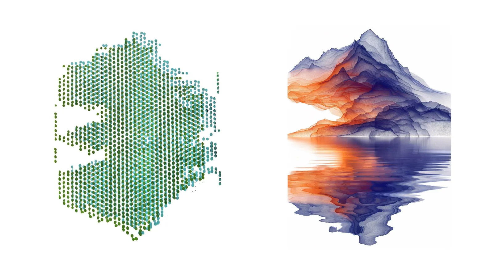 Digitally generated patterns: a dense mesh field and a coloured height field