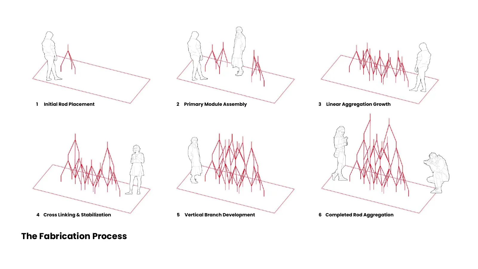 Diagrams of the fabrication process in sequence, from single rod to full aggregation