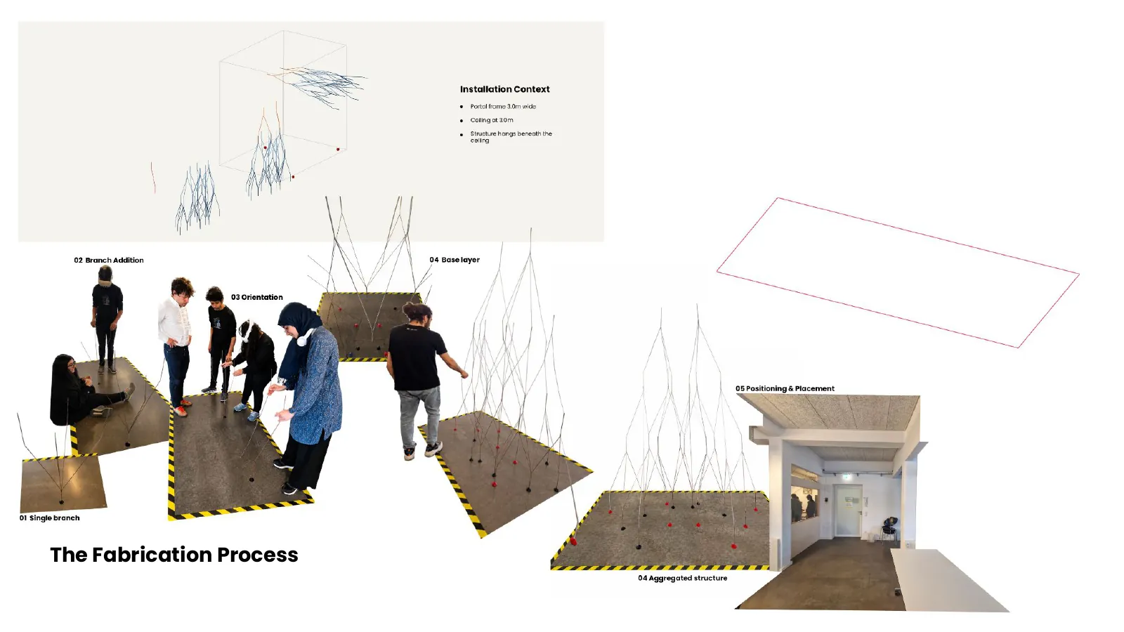 Photographs of the installed rod canopy in the studio with people below it