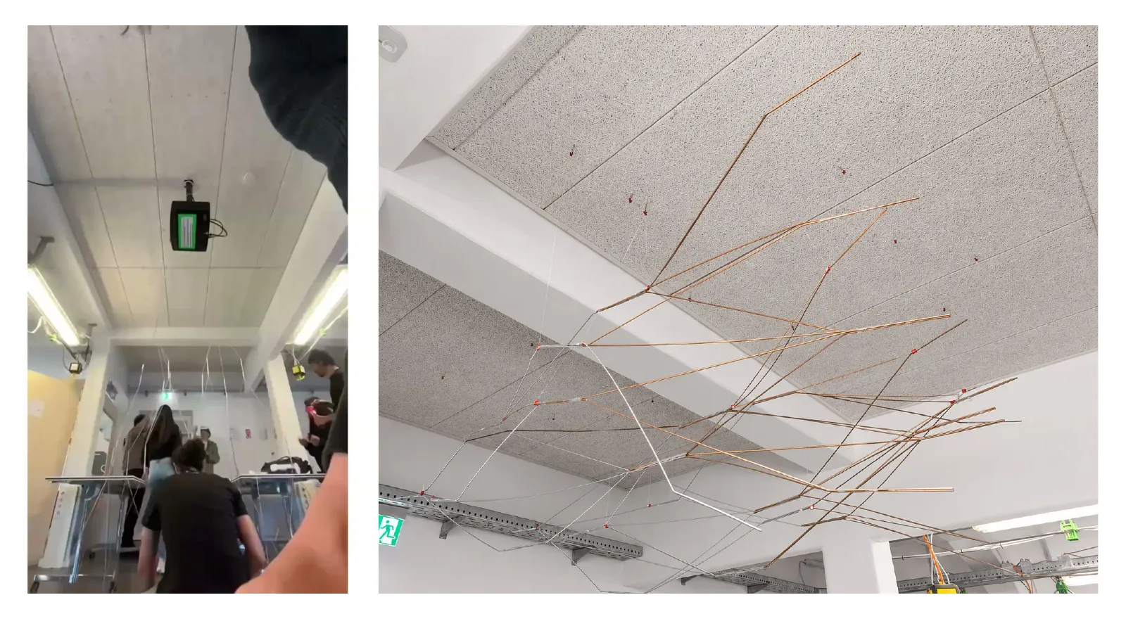 Photograph of the rod canopy hanging below the studio ceiling beams