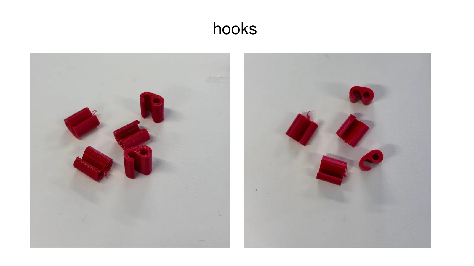 Photographs of small printed hooks used to hang the structure