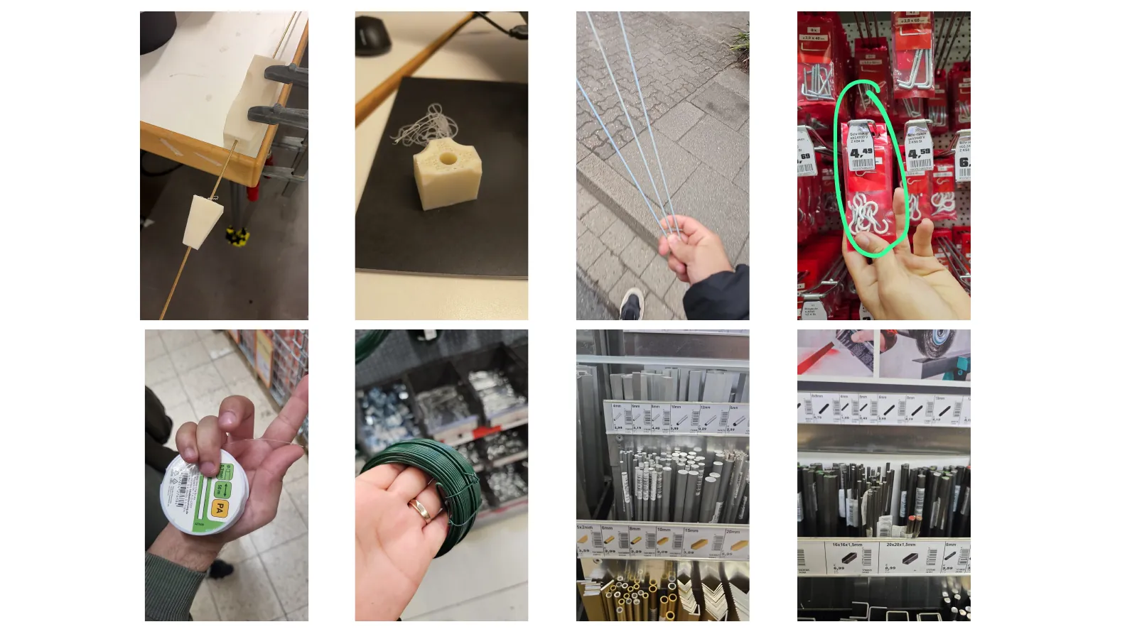 Collage of photographs from the making process: printed parts, hands holding rods, materials