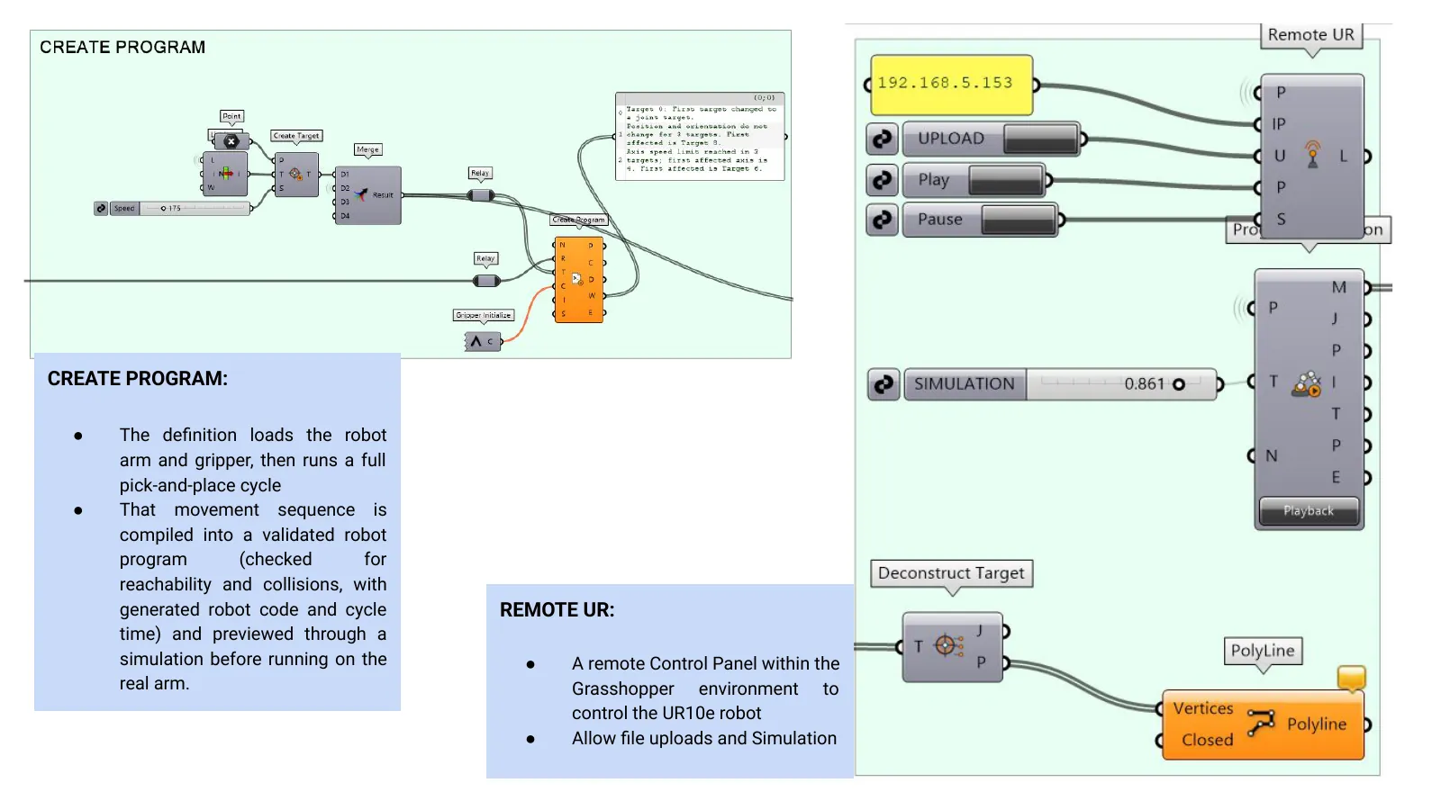 Grasshopper script overview with grouped clusters for tools, commands and the program