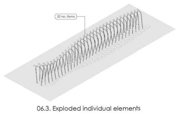 Axonometric of the ribs spaced out along the ground plane in sequence, labelled 32 no. items
