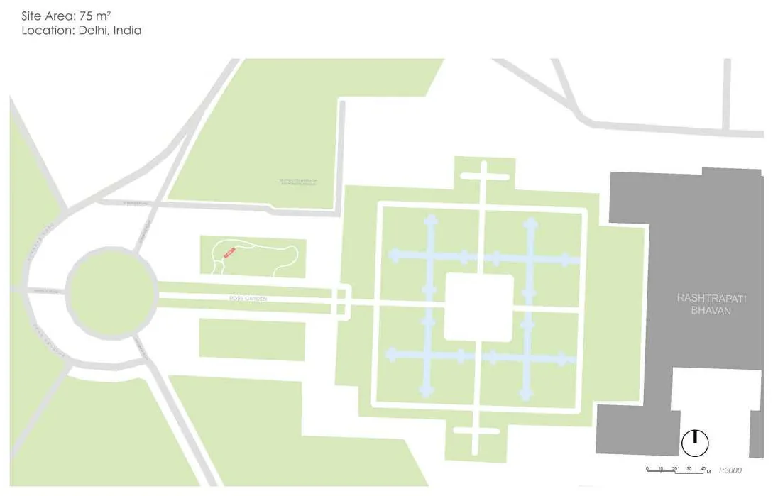 Location map at 1:3000 with the site marked in red in the Rose Garden, west of Rashtrapati Bhavan and the Mughal Gardens