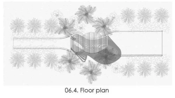 Floor plan of the gazebo: the ribs drawn across a narrow path running through a bed of roses