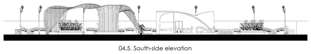 South-side elevation: the waffle canopy and the chai shop shell drawn against a black ground line, with street lights and planting either side
