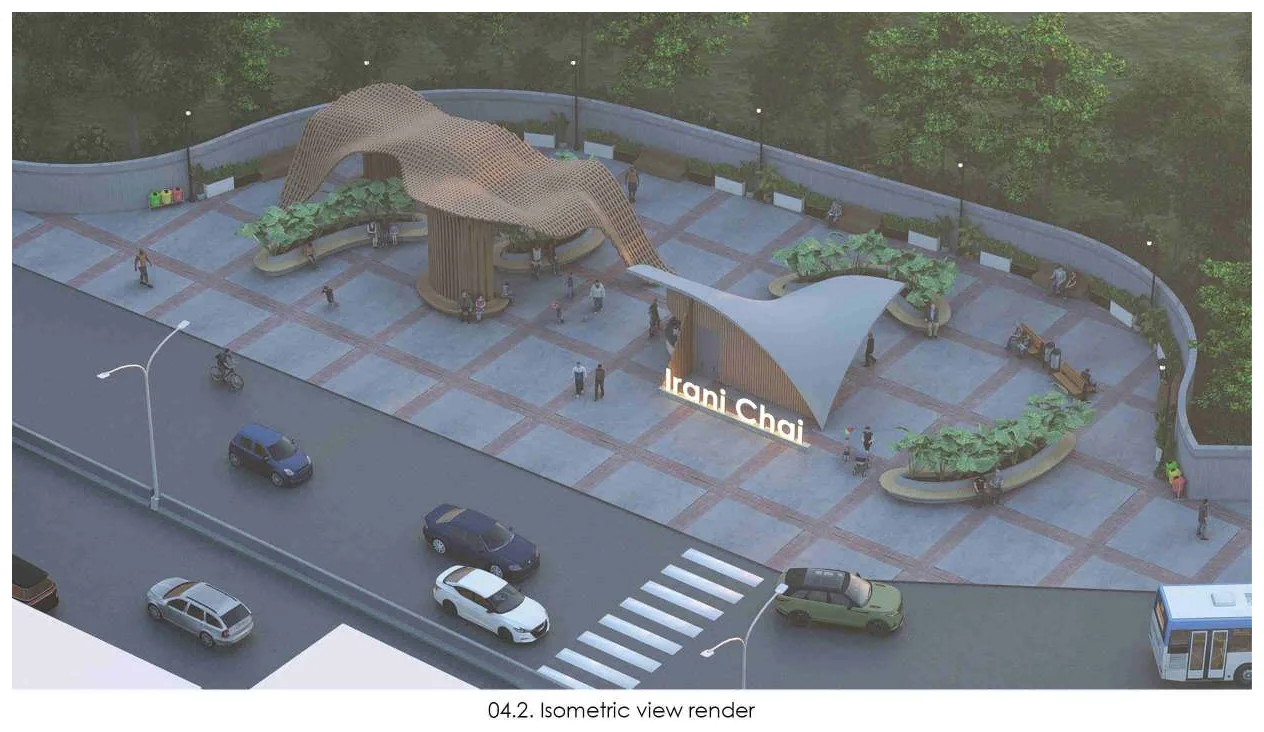 Isometric render of the whole plot from above: the canopy and the chai shop on a paved forecourt beside the road, with planting, parked cars and a pedestrian crossing