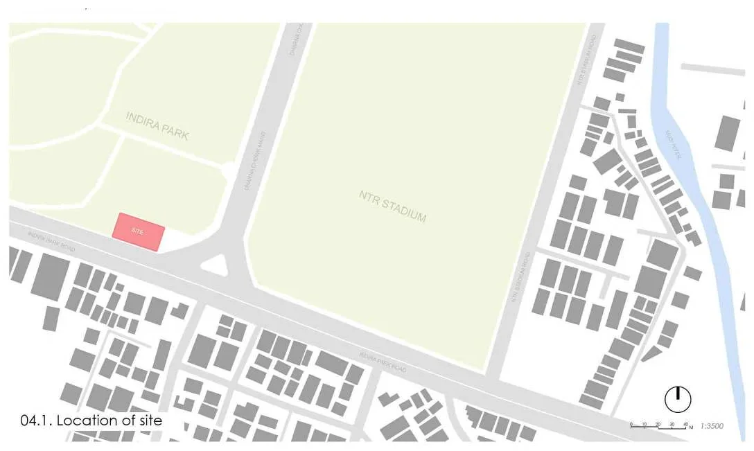 Location map at 1:3500 with the site marked in red on Indira Park Road, between Indira Park and the NTR Stadium