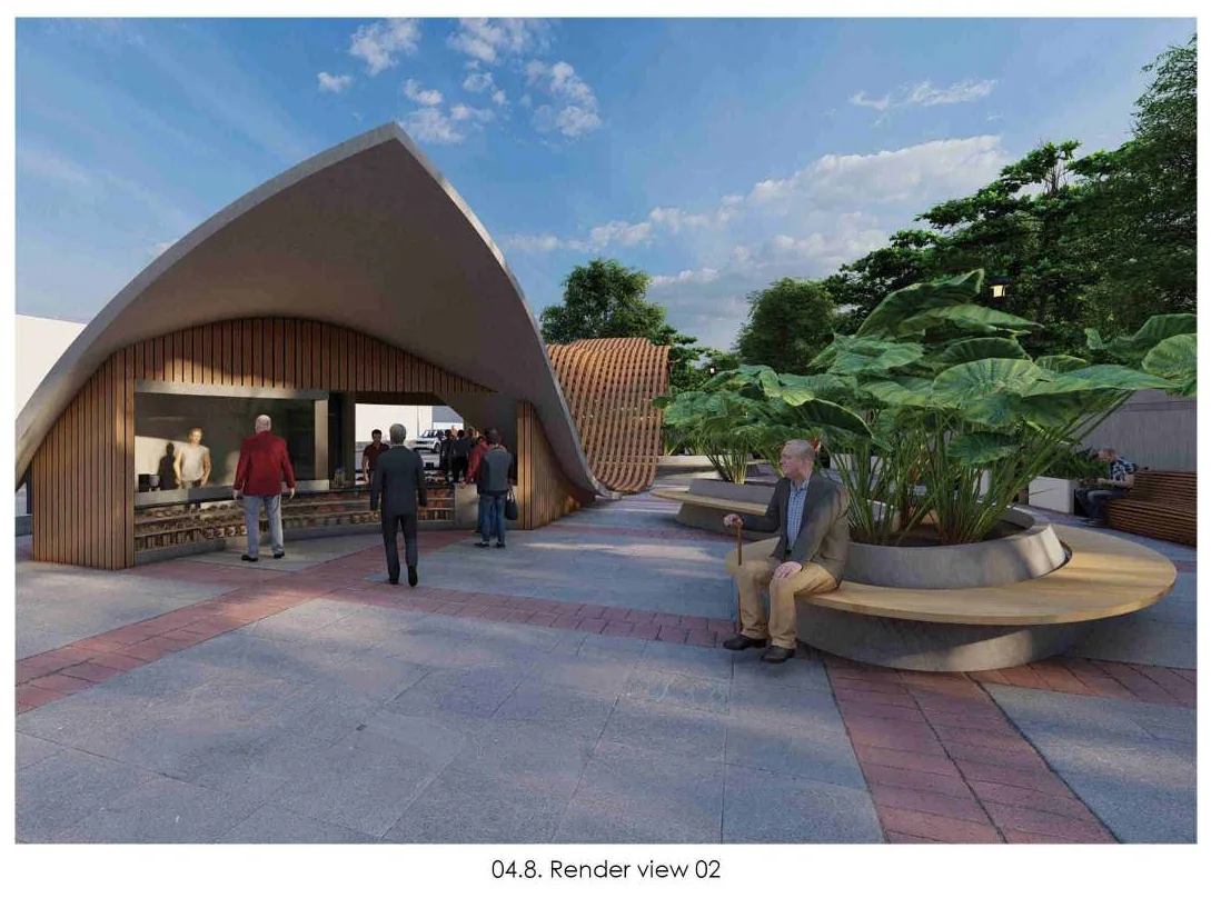 Render of the chai shop from the plaza: a curved timber shell with an open counter, people standing at it and a man sitting on the circular bench in front