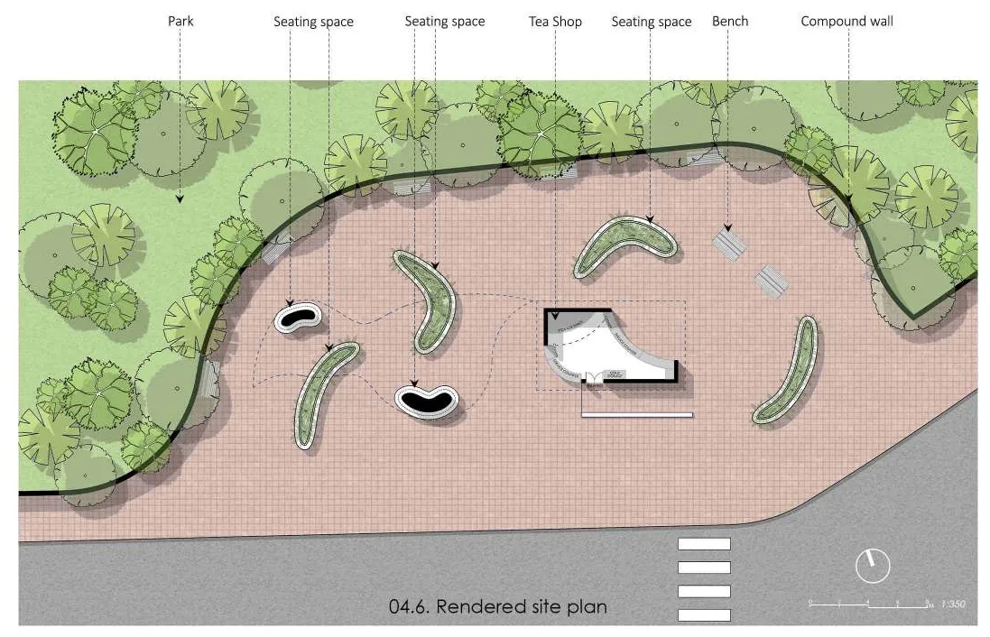 Rendered site plan with the paved forecourt, curved seating, the tea shop, benches, planting and the compound wall labelled along the top