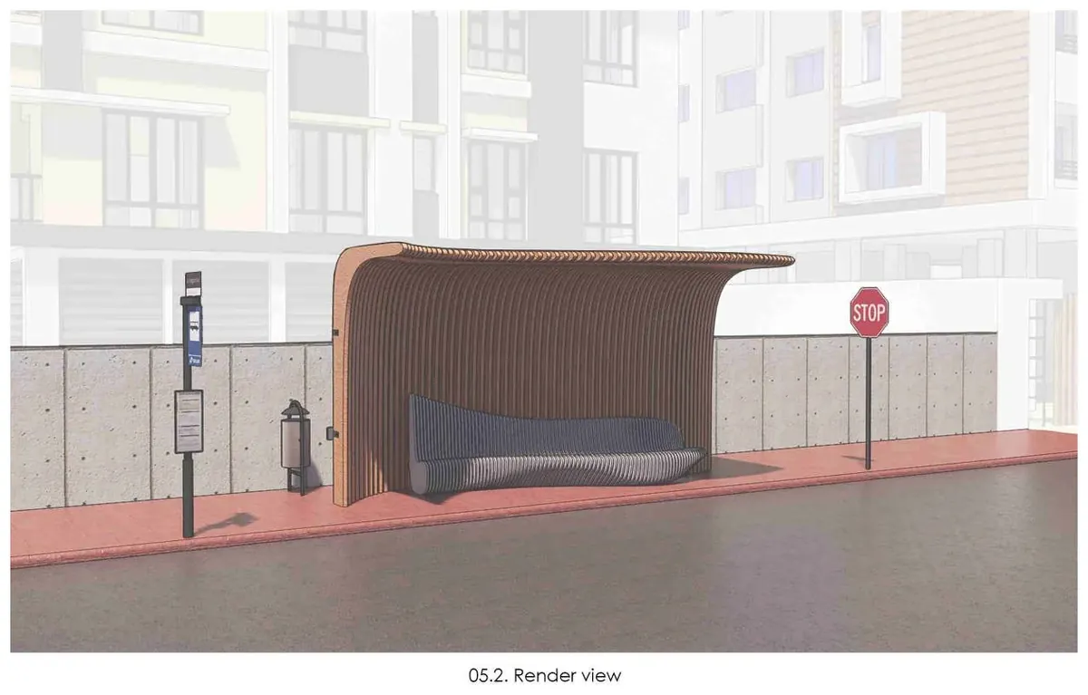 Render of the bus shelter: a curved timber-slatted canopy over a bench on a street beside apartment blocks