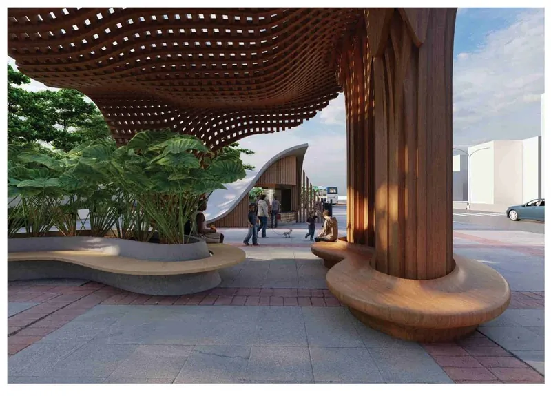 Render looking up into the timber lattice canopy of the chai shop, with planters and seating below