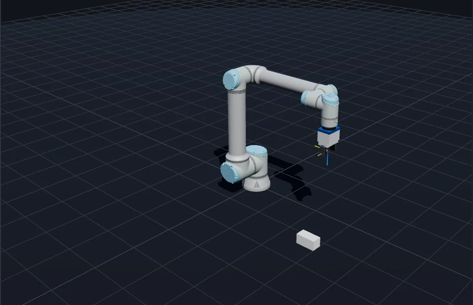 Simulated UR10e robot arm with a gripper mounted, in a dark 3D viewport