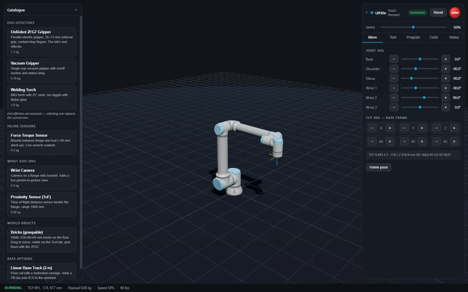 The UR10e Simulator interface: an attachment catalogue on the left, the robot arm in a 3D viewport, and the teach pendant with joint jog controls on the right