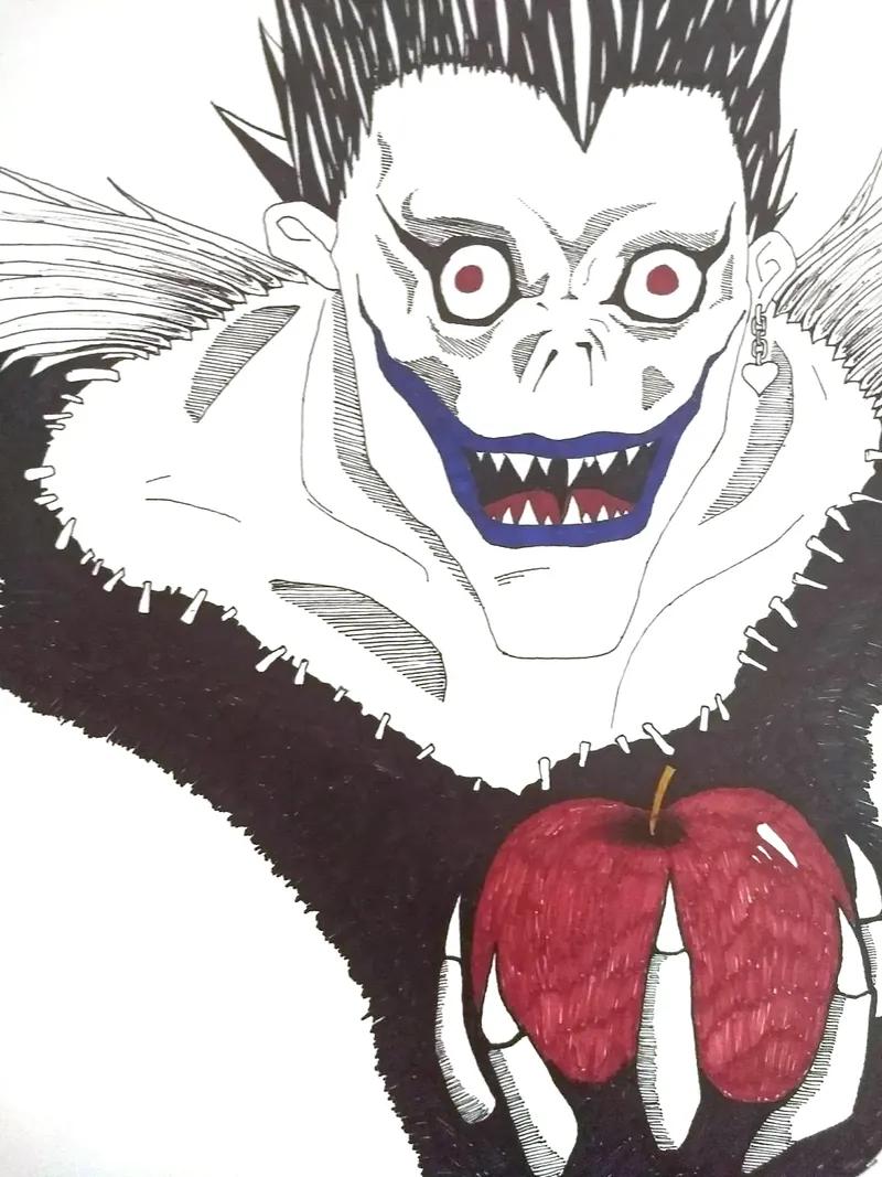 Ink drawing of a grinning, sharp-toothed figure in a fur collar cradling a red apple in bony fingers