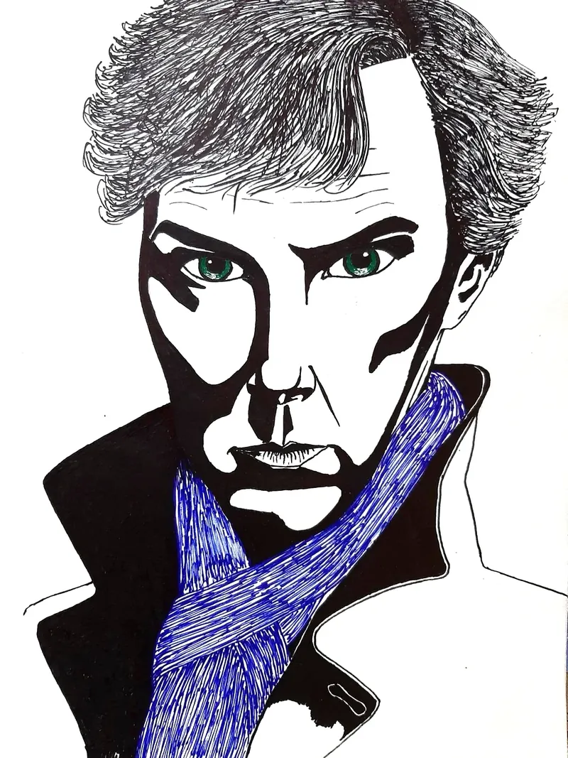 Ink portrait of a man with tousled hair and a hatched blue scarf, drawn in heavy black shadow