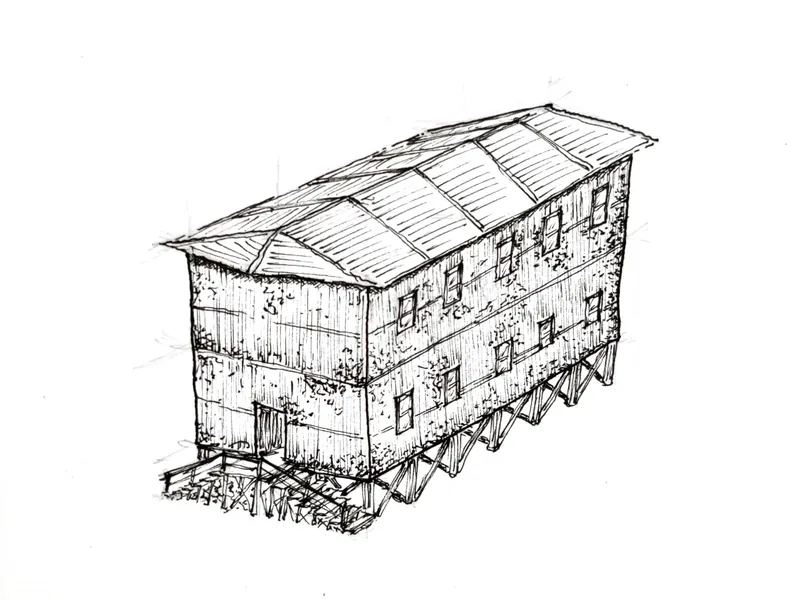 Pen isometric of a two-storey timber house raised on stilts beneath a corrugated gable roof