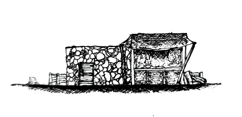 Pen elevation of a small dwelling: a rubble stone wall beside an open shelter under a thatched roof