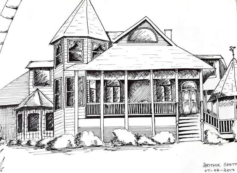 Pen drawing of a Victorian timber house: a turret, a deep wraparound veranda and clipped shrubs along the front