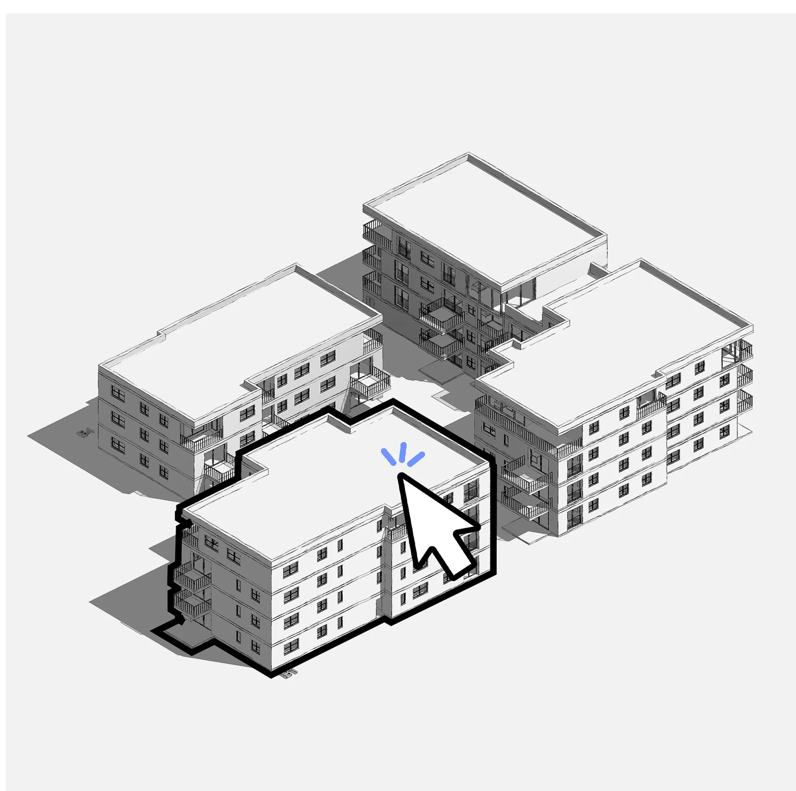 Axonometric view of four housing blocks with one selected by a cursor in the configurator