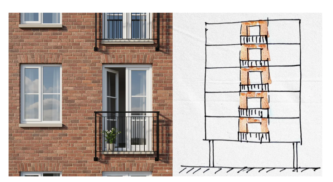 Existing brick apartment facade beside a hand sketch showing stacked transfer zones inserted into the building