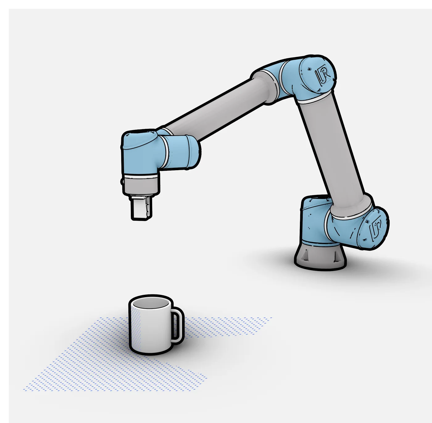UR-10e robot arm reaching towards a mug on a lidar-scanned surface