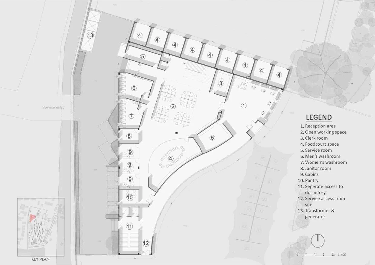 Ground floor plan of the admin block with a numbered legend: reception, open working space, clerk room, food court, service rooms, washrooms, cabins and pantry