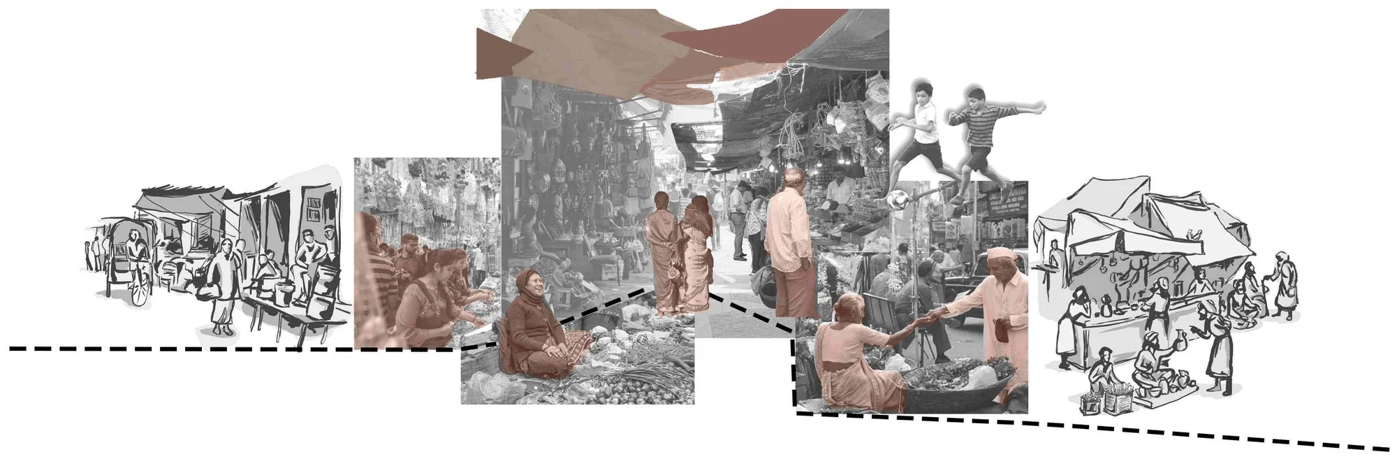 Concept collage of market scenes: vendors under awnings, people bargaining, children playing, stalls laid out on the ground