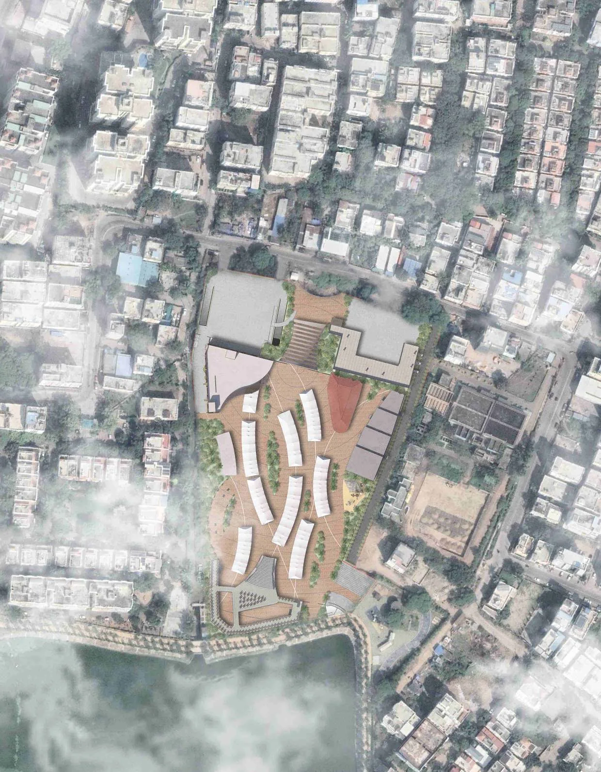 Top view render of the site: curved rows of white canopies between the lake shore and the surrounding dense neighbourhood