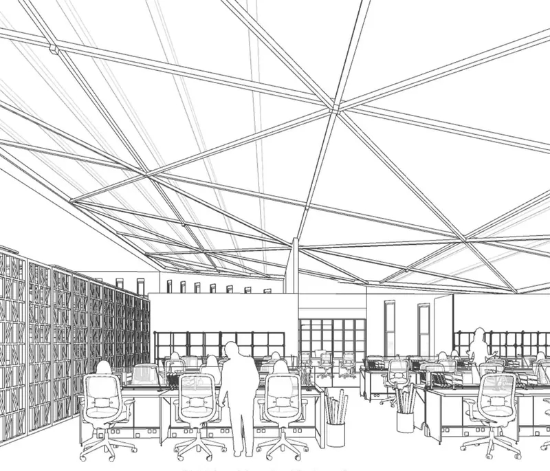Line-drawn interior view of an open-plan architecture office with workstations under a faceted roof structure