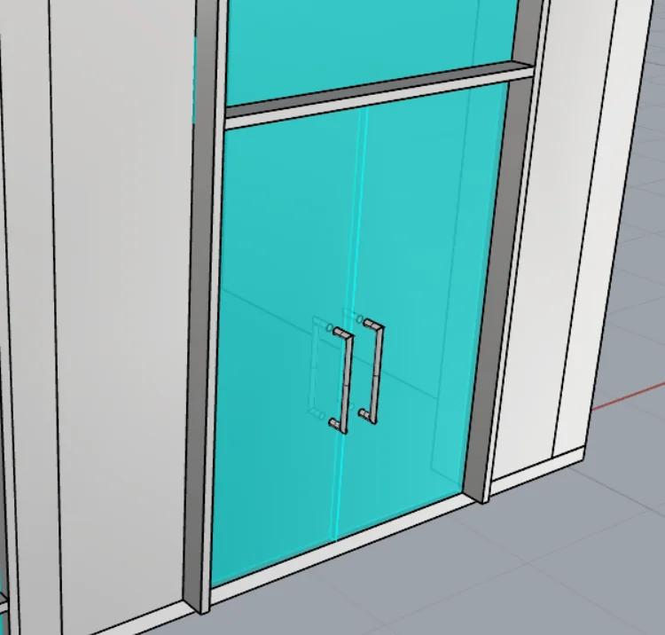 Close-up of the generated glass double entrance door with two vertical pull handles, set in its frame