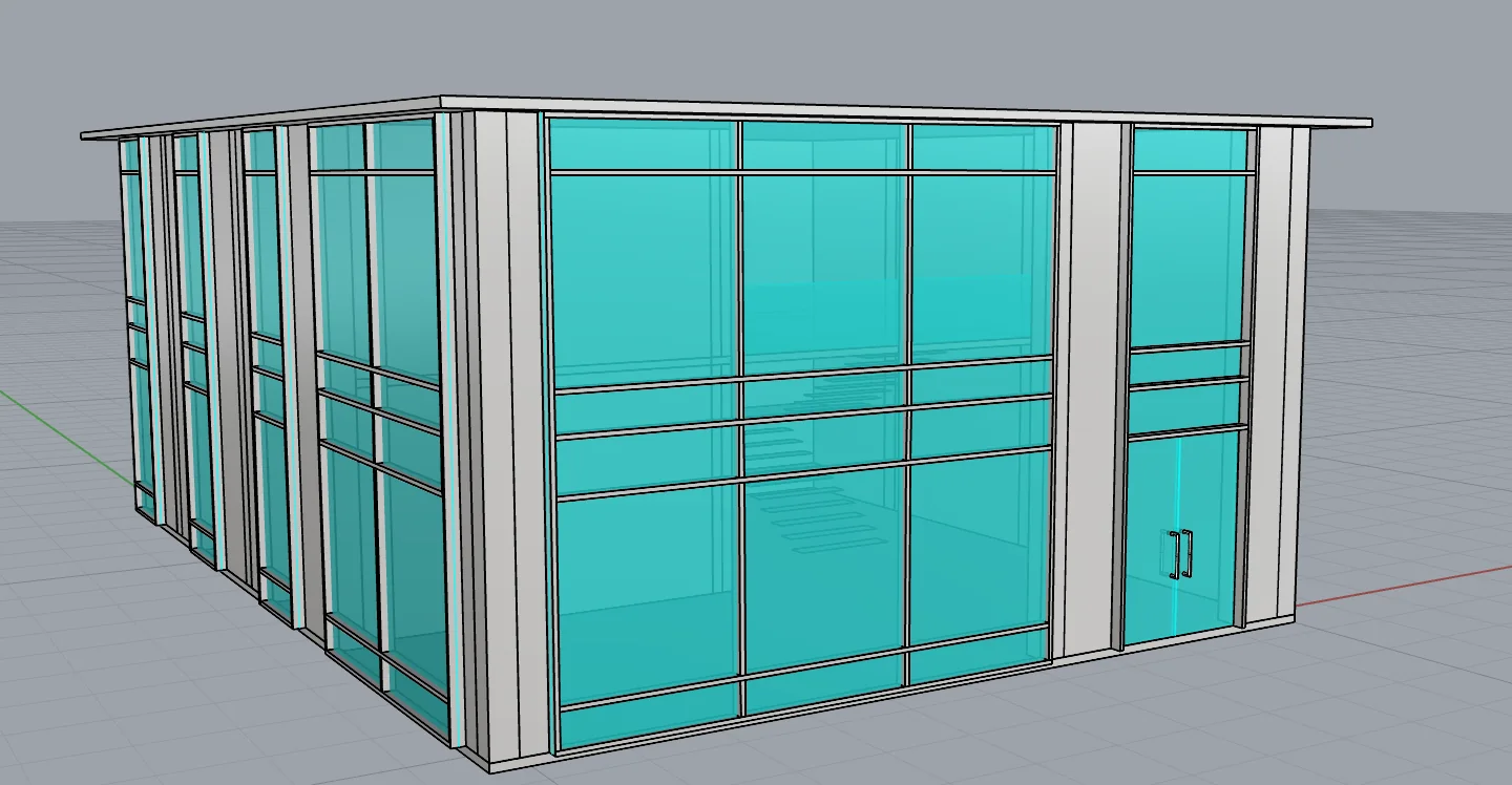 Shaded Rhino view of the generated house with cyan glass panels in black frames along the front and side facades
