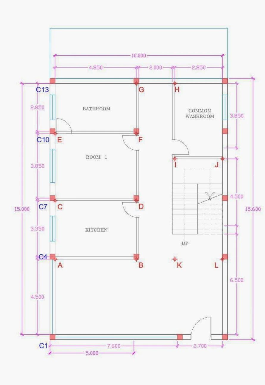 Dimensioned ground-floor plan of a 10 by 15 metre house with column points C1 to C13 and control points A to L marking the bathroom, room, kitchen, common washroom, staircase and living area