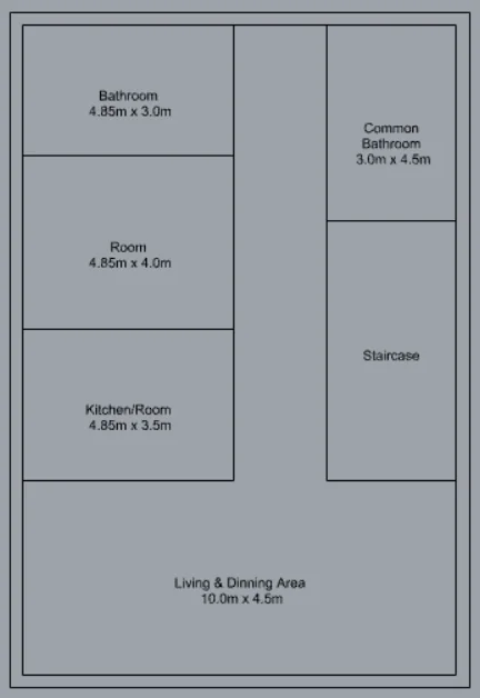 The Check preview: an outline plan labelled Bathroom 4.85 by 3.0 m, Room 4.85 by 4.0 m, Kitchen/Room 4.85 by 3.5 m, Common Bathroom, Staircase, and Living and Dining Area 10.0 by 4.5 m
