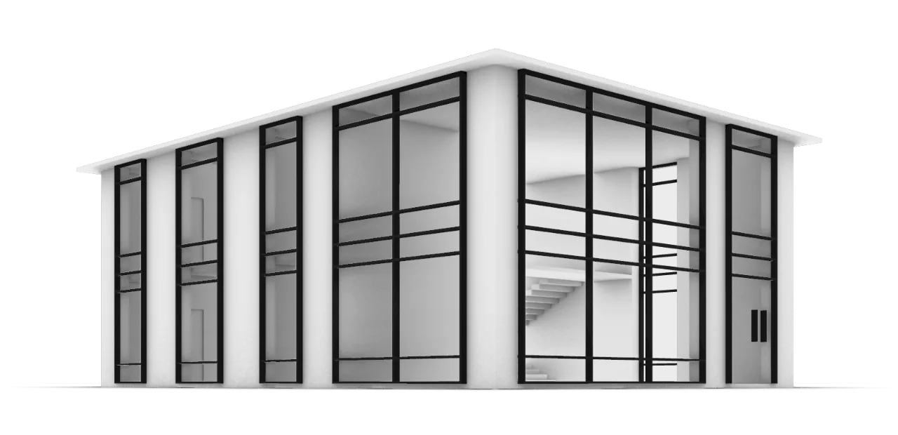 Rendered two-storey house produced by the generator: white walls, a flat overhanging roof, and tall black-framed glazing with the staircase visible through the corner