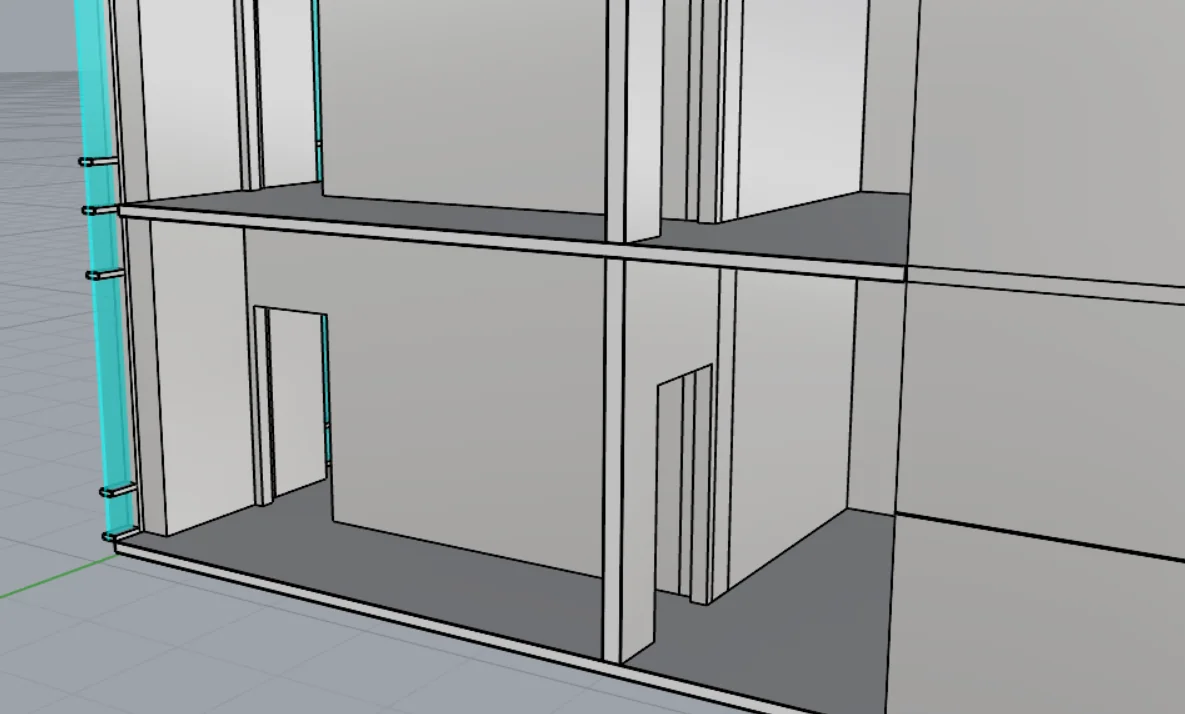 Cut-away view through both floors showing the slabs, inner walls and internal door openings