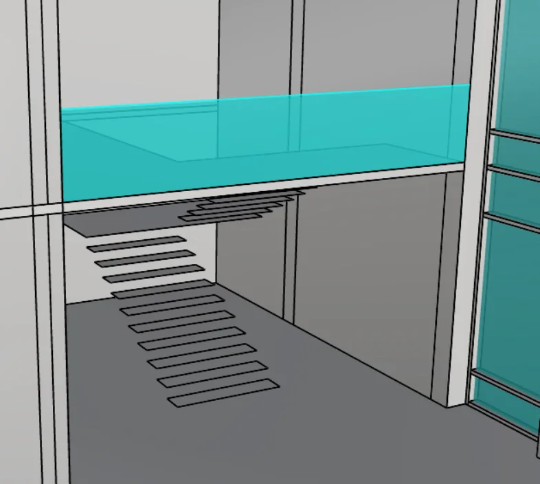 Interior view of the floating dog-leg staircase rising to the first floor behind a glass balustrade