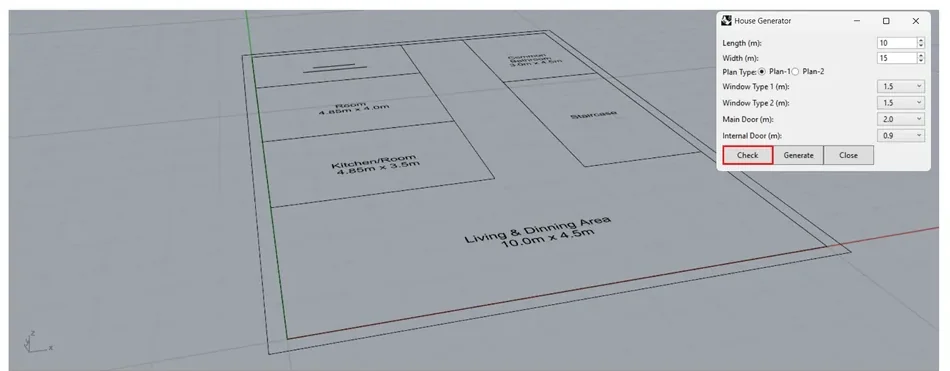 The Check preview drawn in a Rhino perspective viewport, with the House Generator dialog floating in the corner