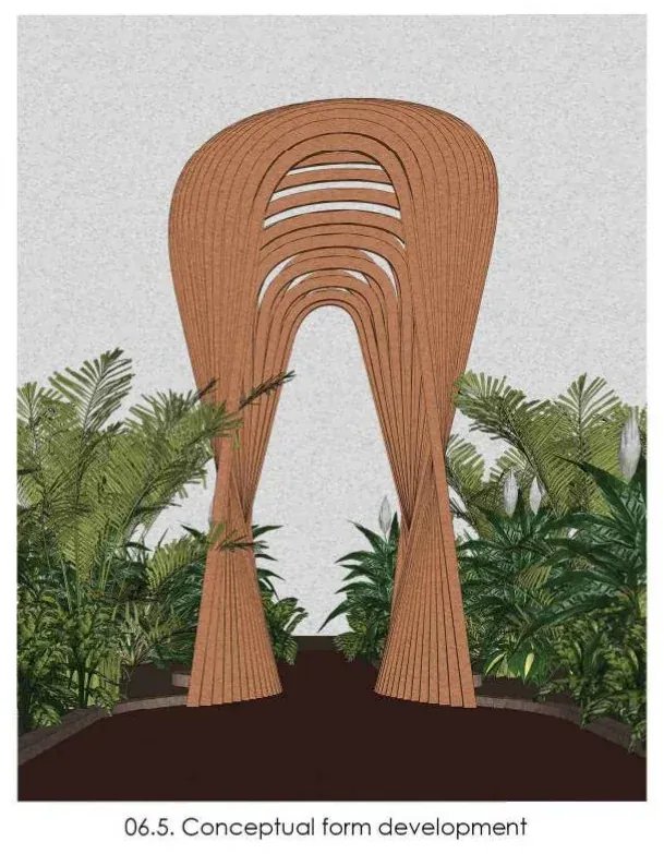 Render of the gazebo: a tall ribbed timber arch framing a narrow path, with plants on either side